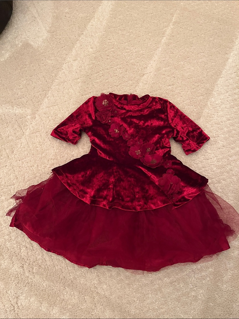 Disney Store Belle Girls' Deep Burgundy Velvet Tulle Floral Party Dress